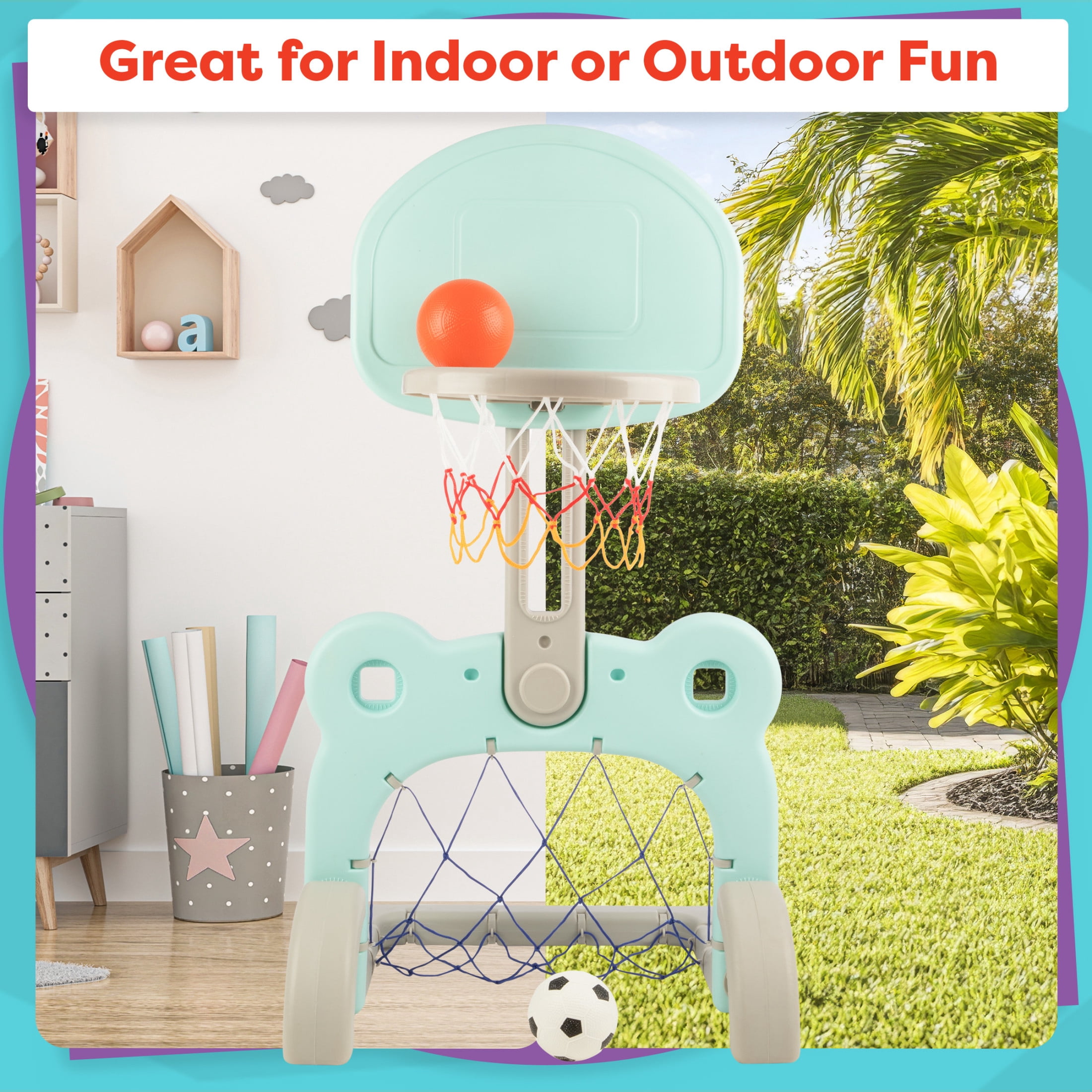 Hey Play 2-in-1 Adjustable Toddler Basketball Hoop and Soccer Goal (Blue)