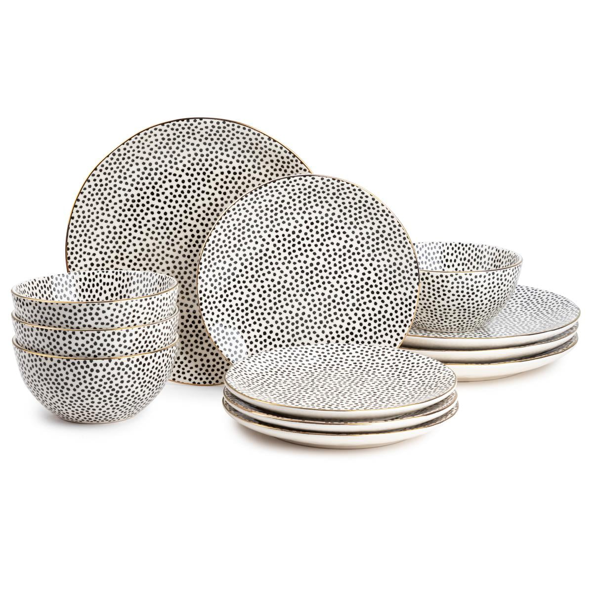 Thyme & Table Dinnerware Black & White Dot Stoneware, 12 Piece Set - Walmart.com