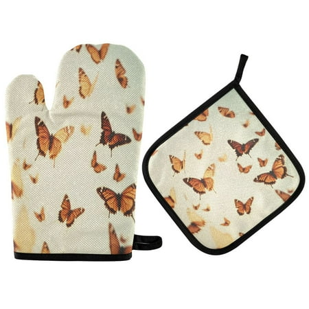 

Heat Resistant Oven Glove & Hot Pad Set Reusable and Washable Kitchen Combo for Baking BBQ Oven Microwave Butterflies Flying in The Air