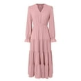 thumbnail image 4 of felwors Long Sleeve Dress for Women 2025 Fall V Neck Tiered Spring Elegant Modest Flowy Wedding Guest Maxi Dresses Pink, S, 4 of 5