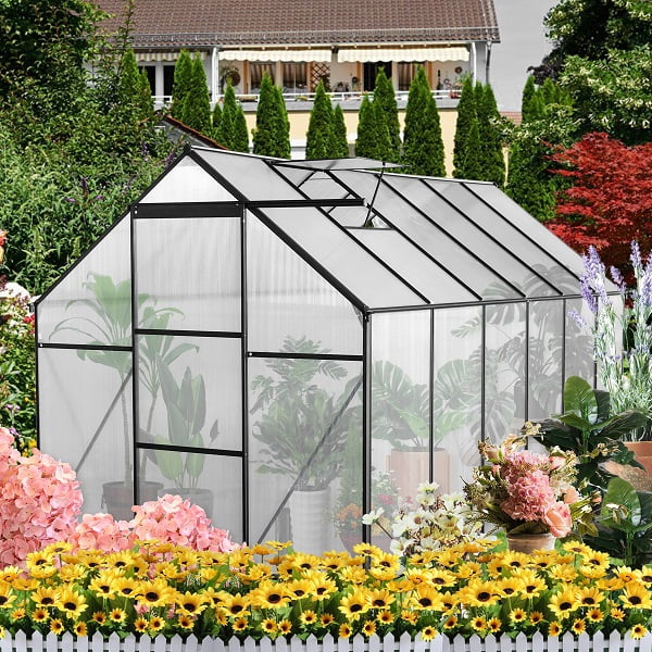 Polycarbonate Greenhouse, Walk In Greenhouse With Drainage System & Galvanized Base, Sliding Door, Adjustable Roof, Rust-proof Aluminum Alloy Frame Walk-in Greenhouses