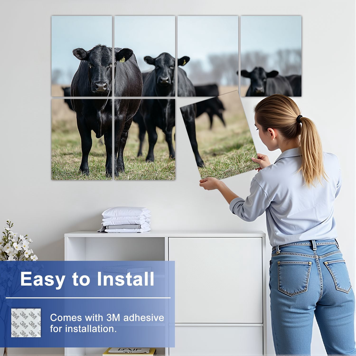 8 Pack Art Acoustic Panels Sound Absorbing Black Angus Cattle Decorative Soundproof Wall Panels Self Adhesive for Nursery Game Room Bedroom 48"x32"