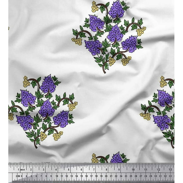 Soimoi Polyester Crepe Fabric Leaves & Floral Block Print Sewing Fabric Yard 52 Inch Wide
