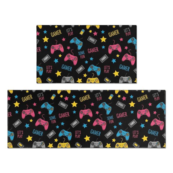 Game Controller Black Pattern Anti Fatigue Kitchen Rugs Set Of 2, Non Slip Washable Decorative Floor Mats for Kitchen Sink Laundry, 17"x30" and 17"x47"