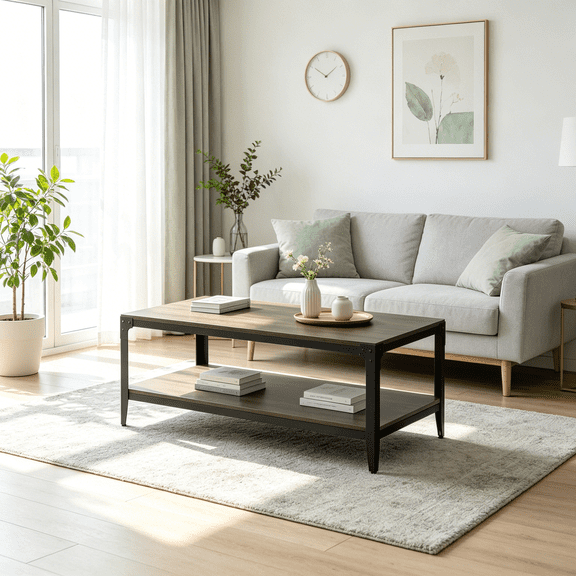 Rustic Industrial Coffee Table in Brown, Solid Wood Build