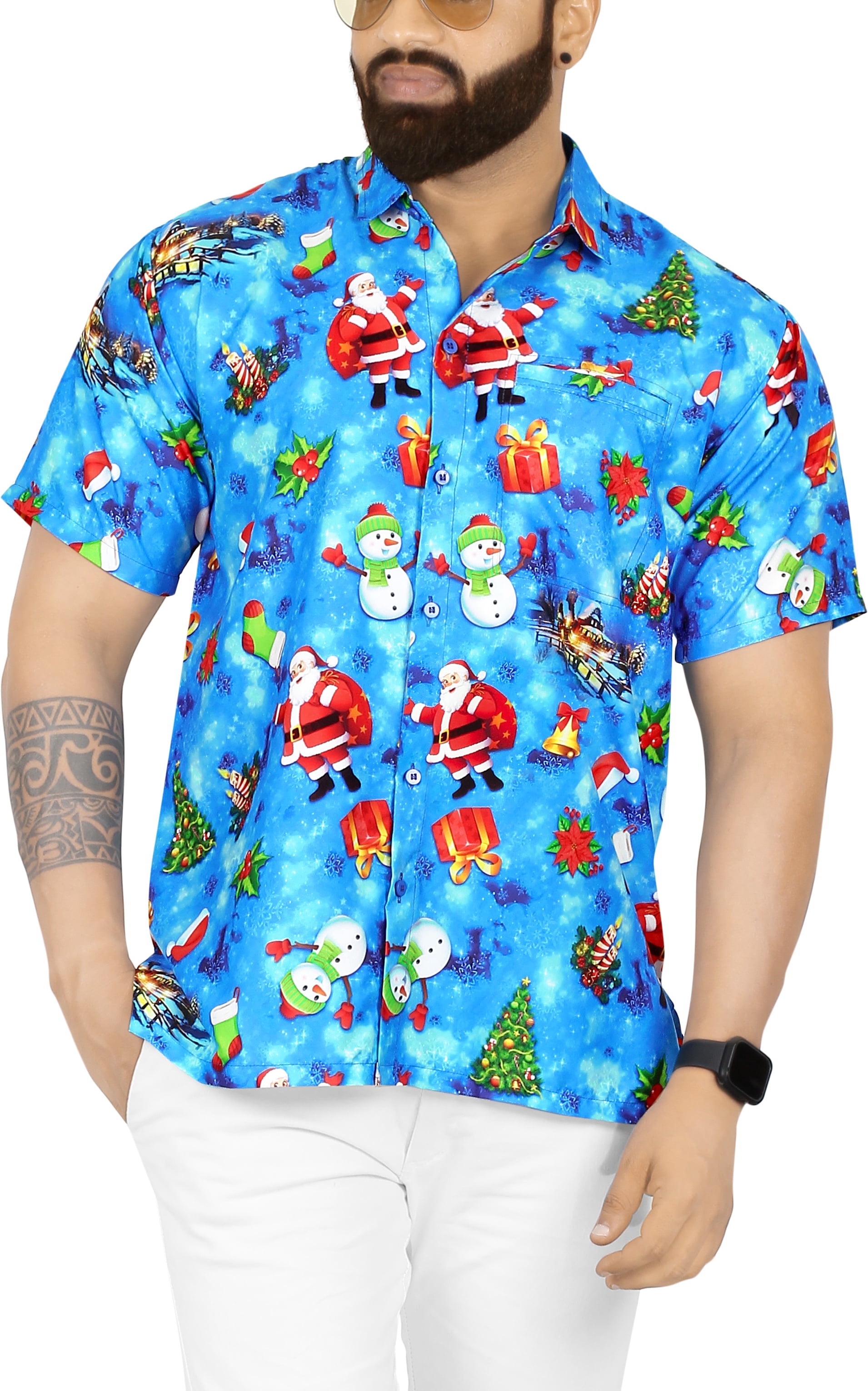 HAPPY BAY Santa Claus 3D Christmas Tree Blouse Button Down Beach Wear Shirt 