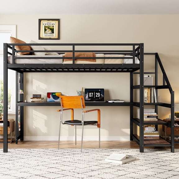 Twin XL Loft Bed with Desk & Storage Stairs, Metal Loft Bed Frame with LED Lights & USB Ports, Multifunctional Space Saving Bed, No Box Spring Needed, Black