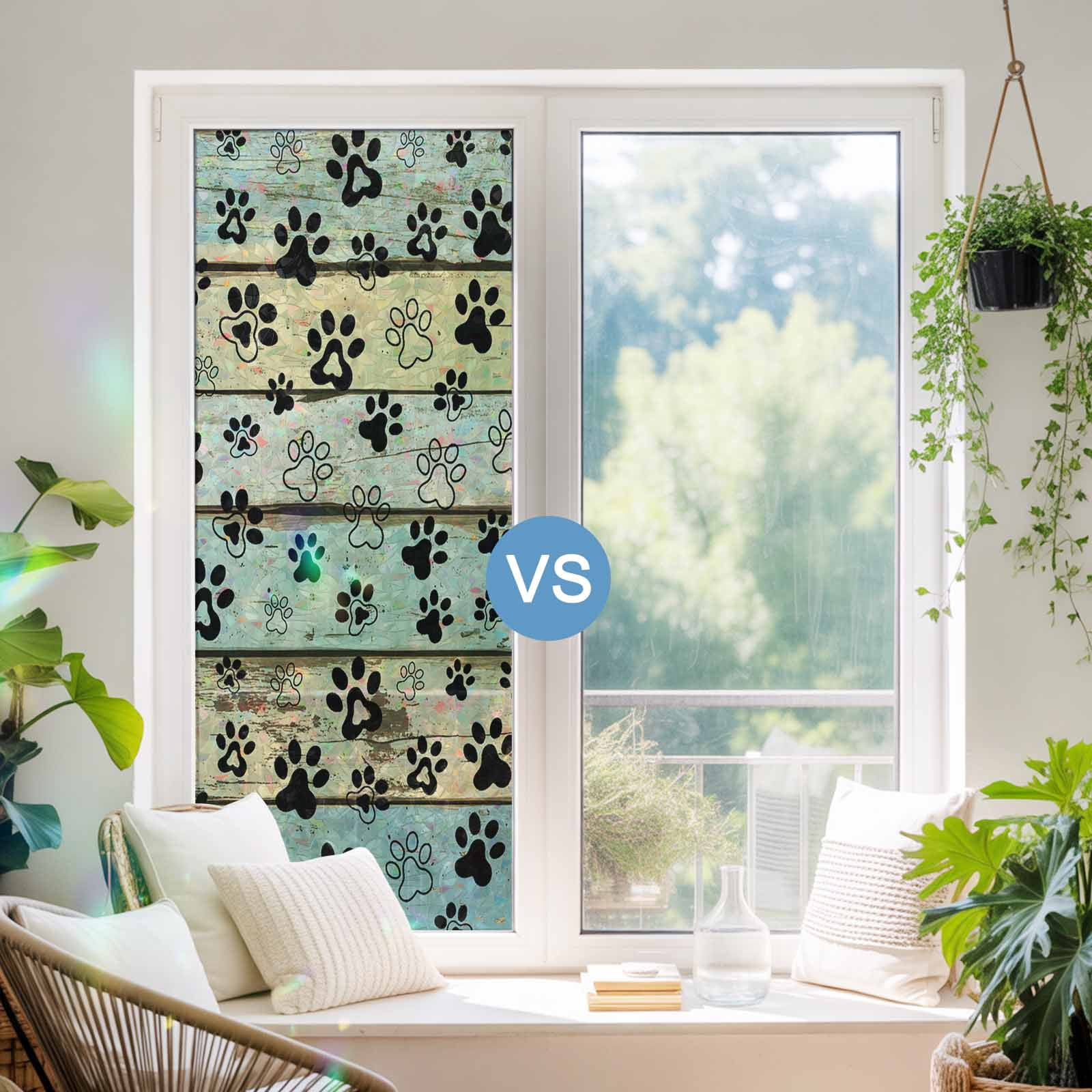 Teal Brown Paw Prints Window Privacy Film Rainbow Static Cling Stain Glass Window Film for Glass Door, Decorative Sunroof Decal Sticker for Car Bathroom 23.6"x78.7" Vintage Farmhouse Wooden Grain