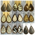 thumbnail image 2 of Teardrop Brown Wood Bezel Cheetah Leopard Genuine Leather Statement Earrings, 2 of 8
