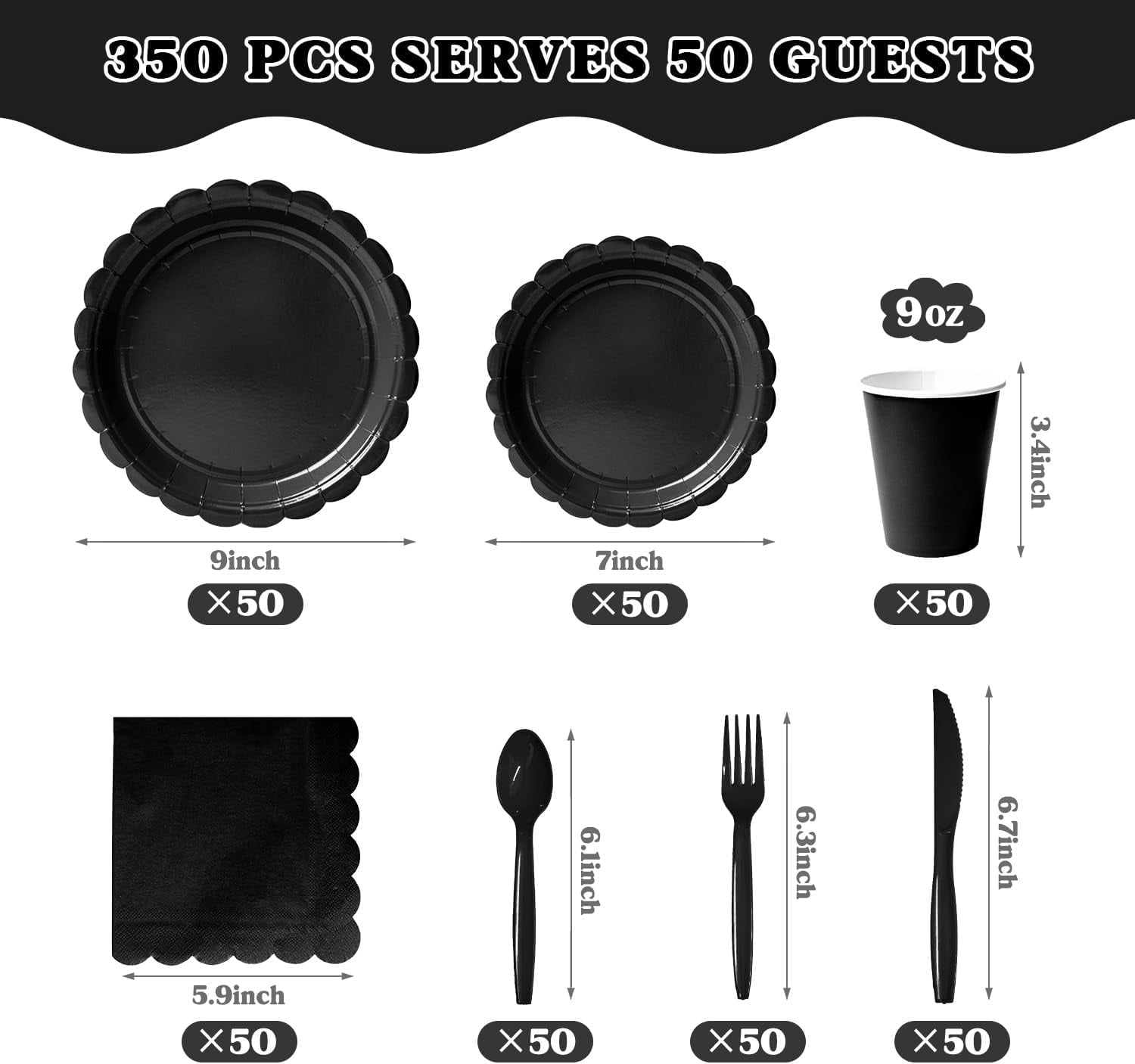 350 Pcs Black Disposable Paper Plates and Napkins Set for 50, 9" Dinner Plates & 7" Dessert Plates, Tableware for Birthday, Graduation, Wedding, Party