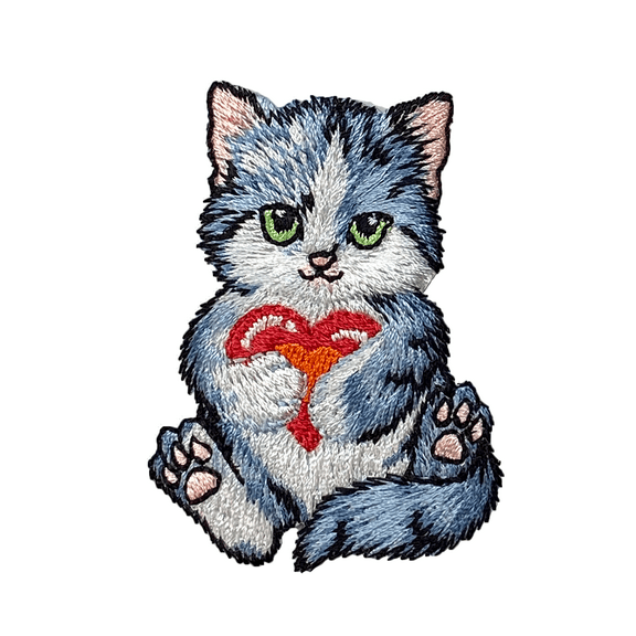 Cat with Red Heart, Kitten, Pets, Embroidered, Iron-on Patch.