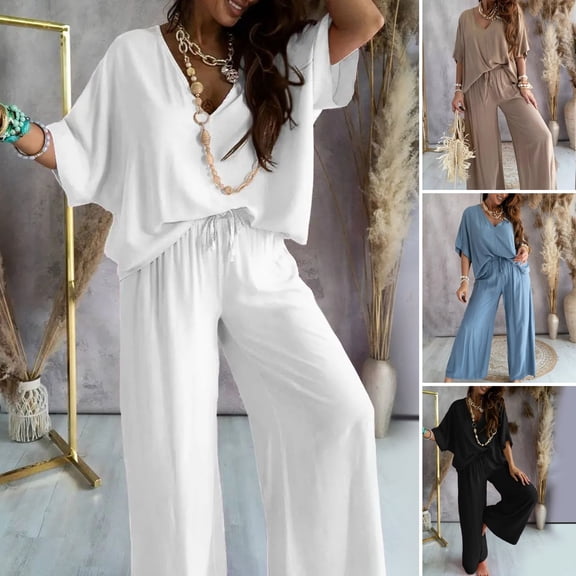 Xioeram 2 Pcs/Set Women Top Pants Set High Waist Solid Color Wide Leg Pleated Trousers V Neck Bat Sleeve Loose T-shirt Casual Commute Outfit Blouse Pants Set