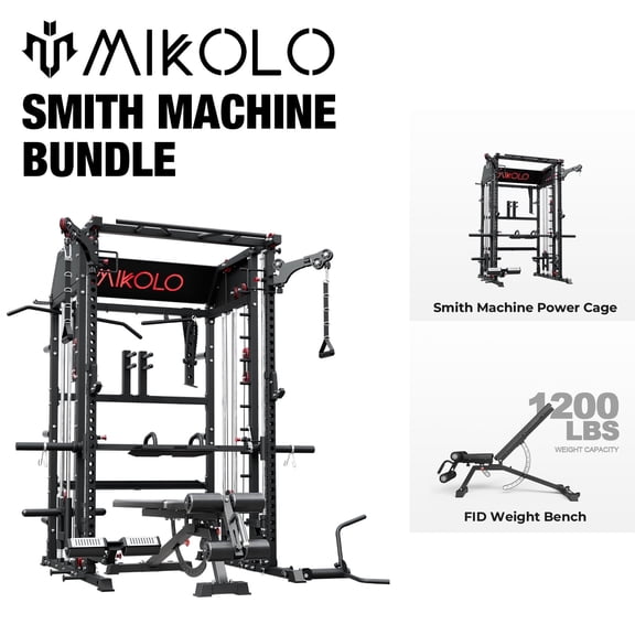 Mikolo Smith Machine Home Gym with FID Bench, All-in-One Power Rack with Smith Cage and Functional Trainer, Squat Rack with 2:1 Dual Pulley Cable System and Extended Forward Reach, Vertical Leg Press