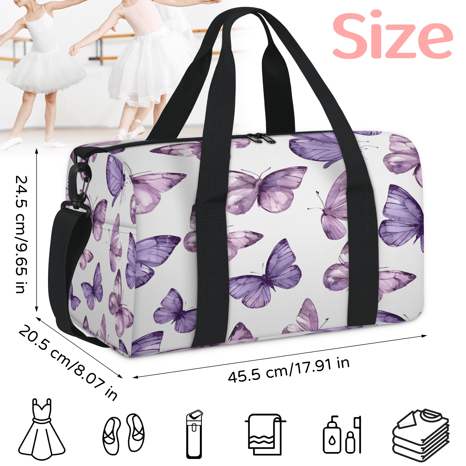 Herdesigns Butterfly Travel Duffle Bag Sports Yoga Weekender Overnight Carry on Workout Bags Lightweight Waterproof Gym Tote Bag for Women
