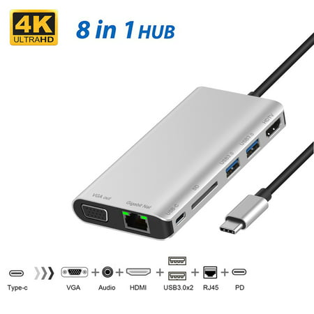 USB Hub for Tablets, USB Type C 8-in-1 Adapter with Ethernet Port, 4K HDMI, VGA, 2 USB 3.0 Ports, USB-C Power Delivery, Micro SD Card Reader, Mic/Audio, Compatible for MacBook pro and Other, (Best Usb Wifi Adapter For Macbook Pro)