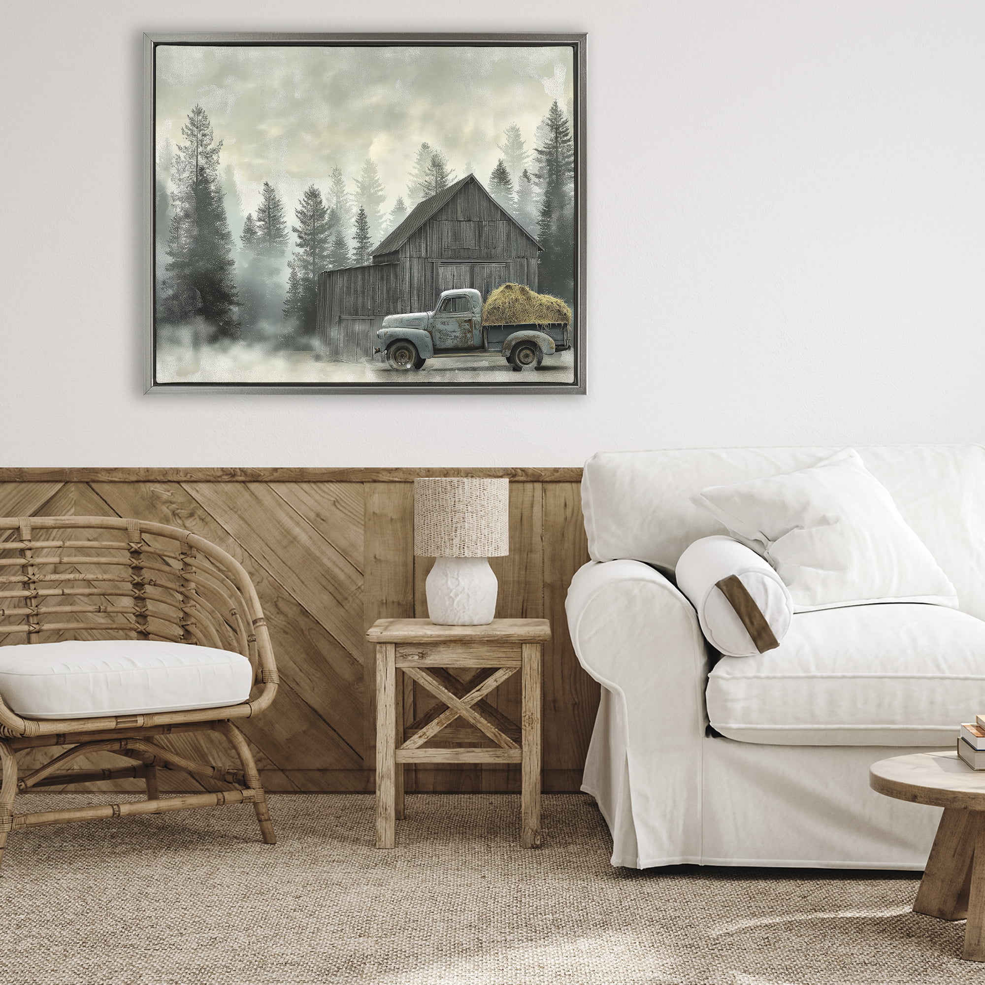Stupell Industries Vintage Pickup at Misty Barn Gray Framed Floater Canvas Wall Art, design by Imagine It Images