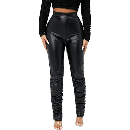 Women's Faux Leather Leggings Pants High Waisted Leather Stacked Pants ...