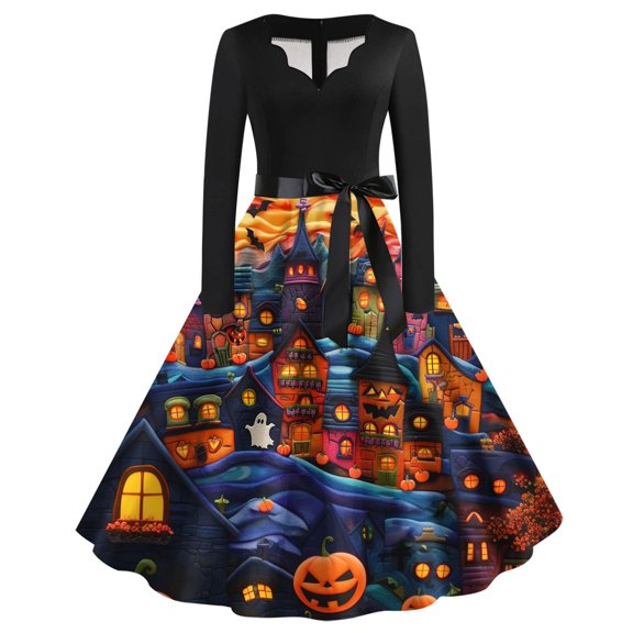 Nmnitkp Halloween Dresses High Quality Fabric Halloween Dress for Women 1950s Vintage Pumpkin Printed Long Sleeve V Neck Plus Size Evening Prom Dresses with Belt Popular Style Gothic Dress