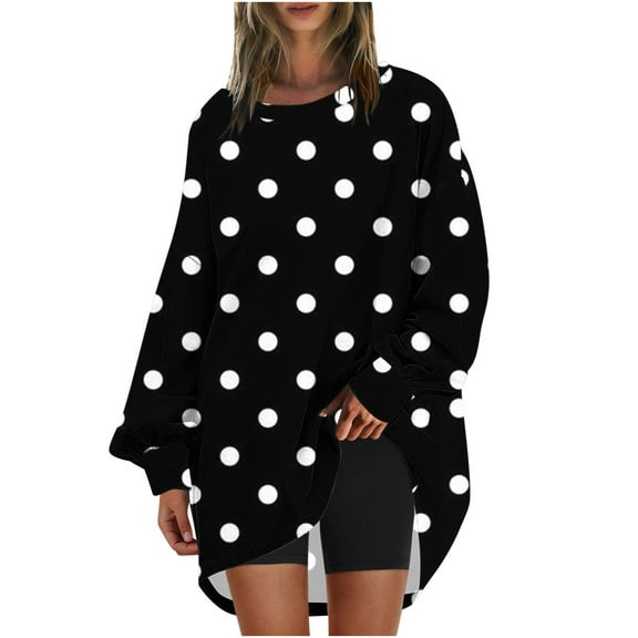 Dasayo Black Tops for Women Long Oversized Long Sleeve Blouses Polka Dot Boat Neck Winter Dressy Womens T Shirt L