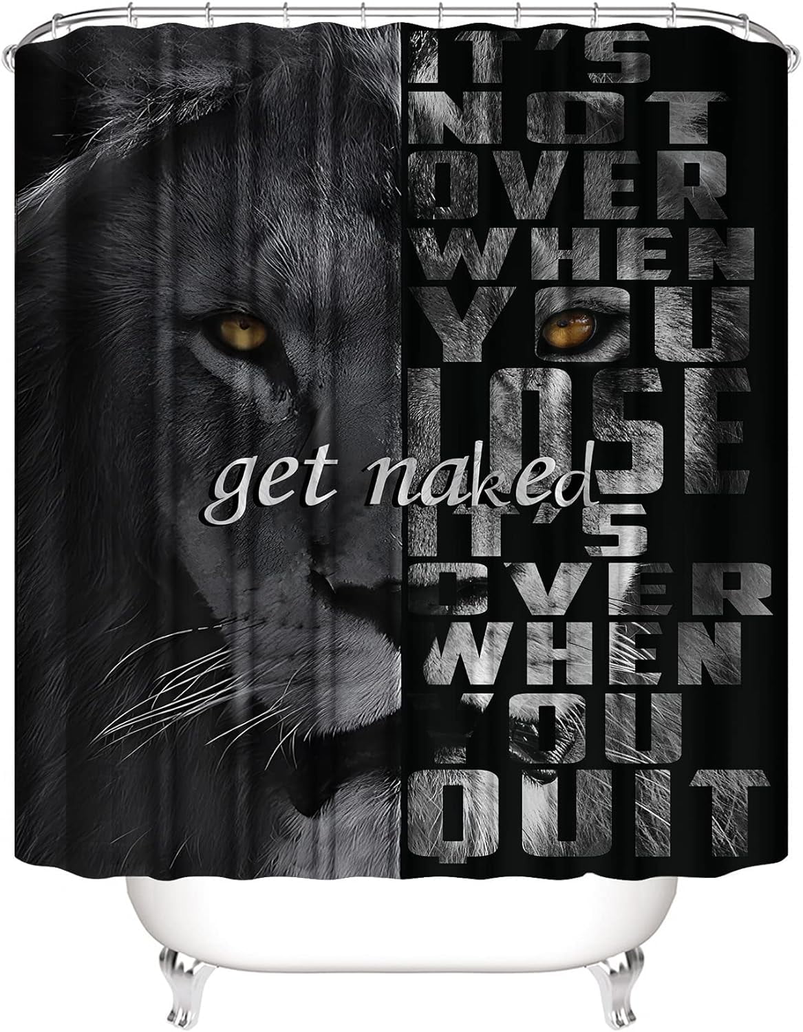 4PCS Lion Insipirational Shower Curtain Set with Rugs, Toilet Lid Cover and Bath Mat, Animal Shower Curtain with 12 Hooks, Complete Bathroom Accessories Decor Set