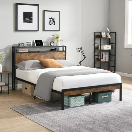 Queen Size Metal Platform Bed Frame Modern with Wooden Headboard USB Charging No Box Spring Under Bed Storage Easy Assembly for Bedroom Black