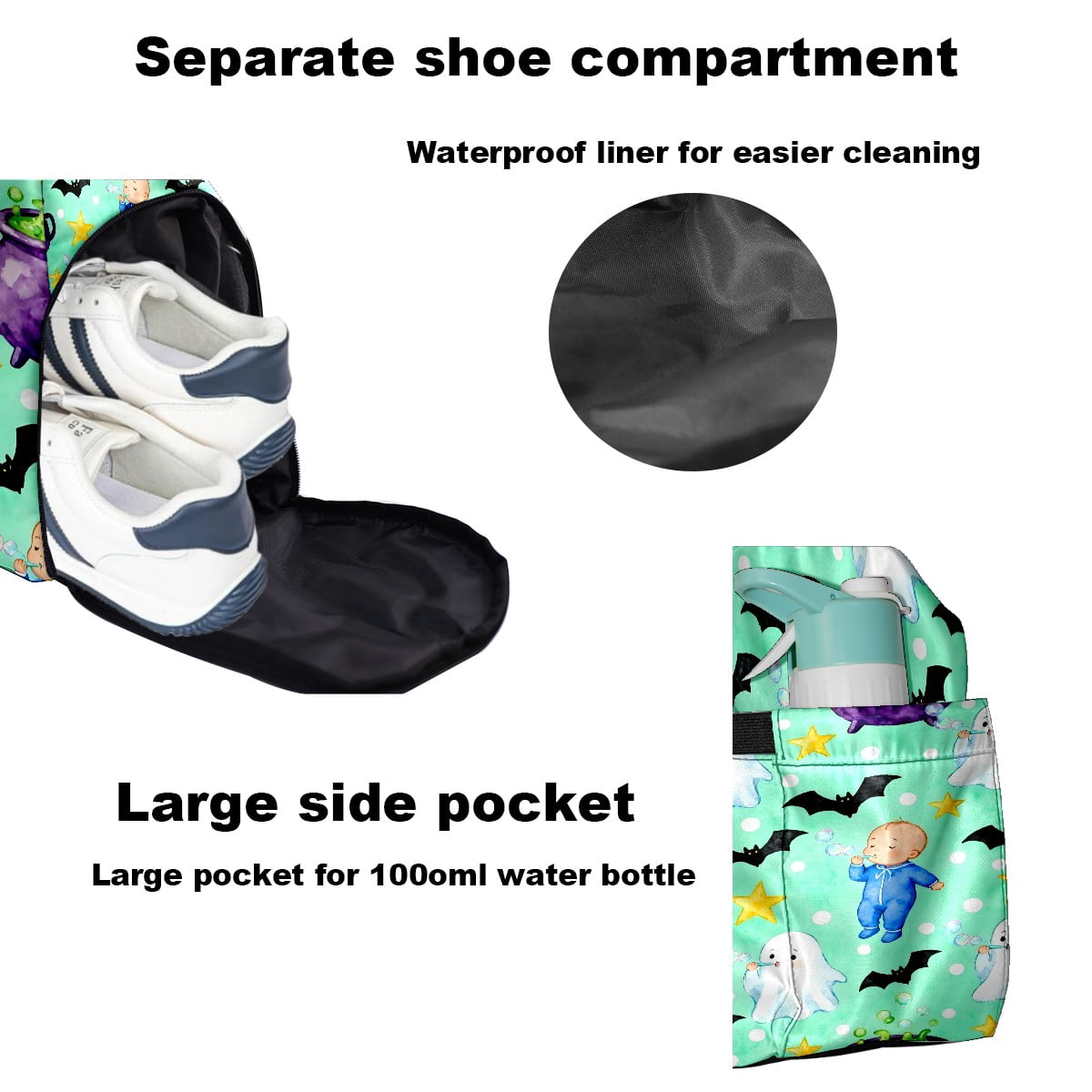 Large Gym Bag with Shoe Compartment, Water-Resistant Duffle Bag for Men and Women, Mint Green Halloween Ghosts & Baby Sports Tote for Workout Travel