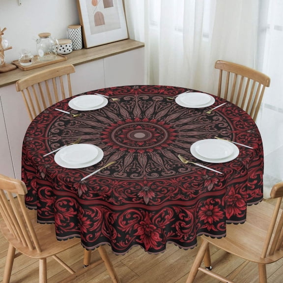 Dark Red Gothic Scroll Floral Medallion Round Tablecloth Waterproof Oil Proof Spill Proof Table Cloth 70" for Camping, Dining, Indoor and Outdoor Table Cover