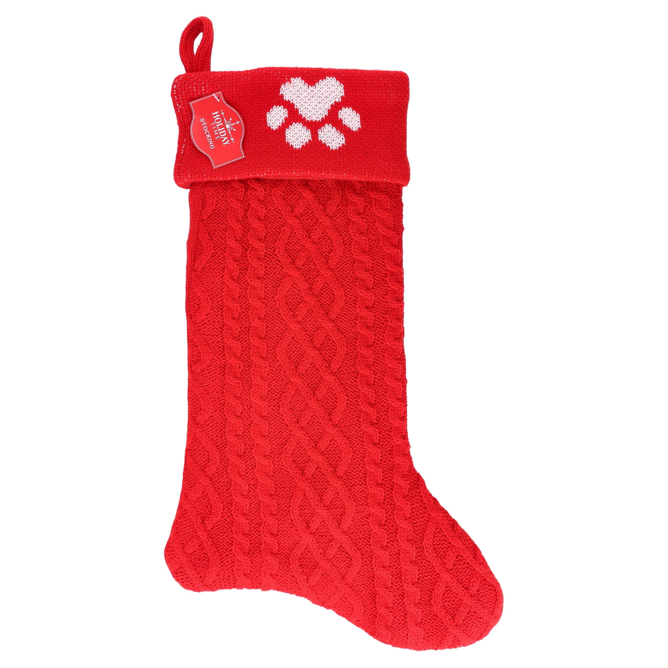 Cable Knit Paw Print Christmas Stocking, Red, 19", by Holiday Time