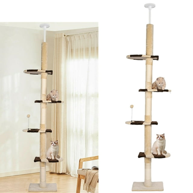 9ft Floor to Ceiling Cat Tree, Cat Climbing Tree Tall Cat Tower with Fish-Shaped Pedal and Spring Toy, Adjustable Height 87"-110"