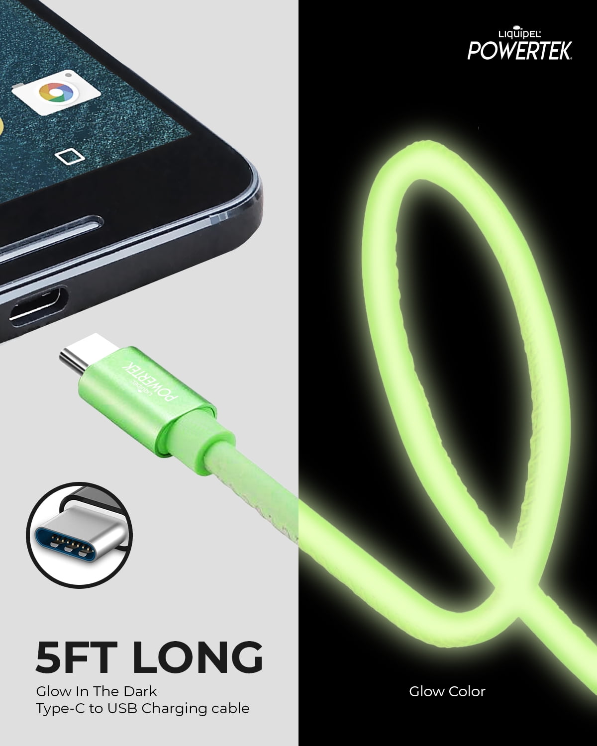 Liquipel Powertek Glow in Dark Cable Type C - Green