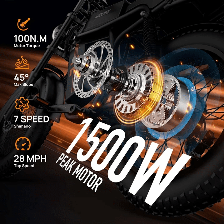 URLIFE 1500W Electric Bike for Adults,20"4.0 Fat Tire Ebike,48V 15.6Ah Removable Battery,7-Speed E-Mountain Bikes,All-Terrain Off-Road Electric Bicycle,UL2849 Certified(Black)
