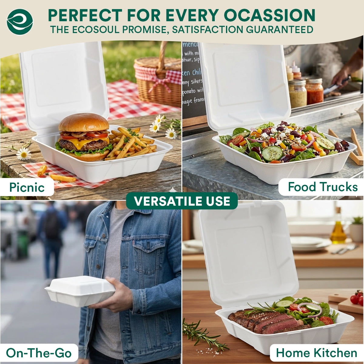 Eco-Friendly Compostable Bagasse Clamshell Containers - 9 x 9 Inches, 50 Count