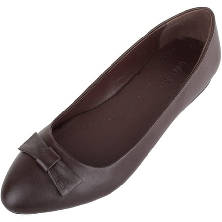Womens Genuine Leather Slip On Formal Smart Work School Suit Ballerina Style Dolly Shoes - Dark Brown - US 7