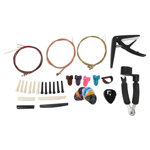 34 PCS Guitar Accessories Kit Including Guitar Picks,Capo,Acoustic Guitar Strings,3 in 1String Winder,Bridge Pins,6 String Bone Bridge Saddle and Nut,Finger Picks