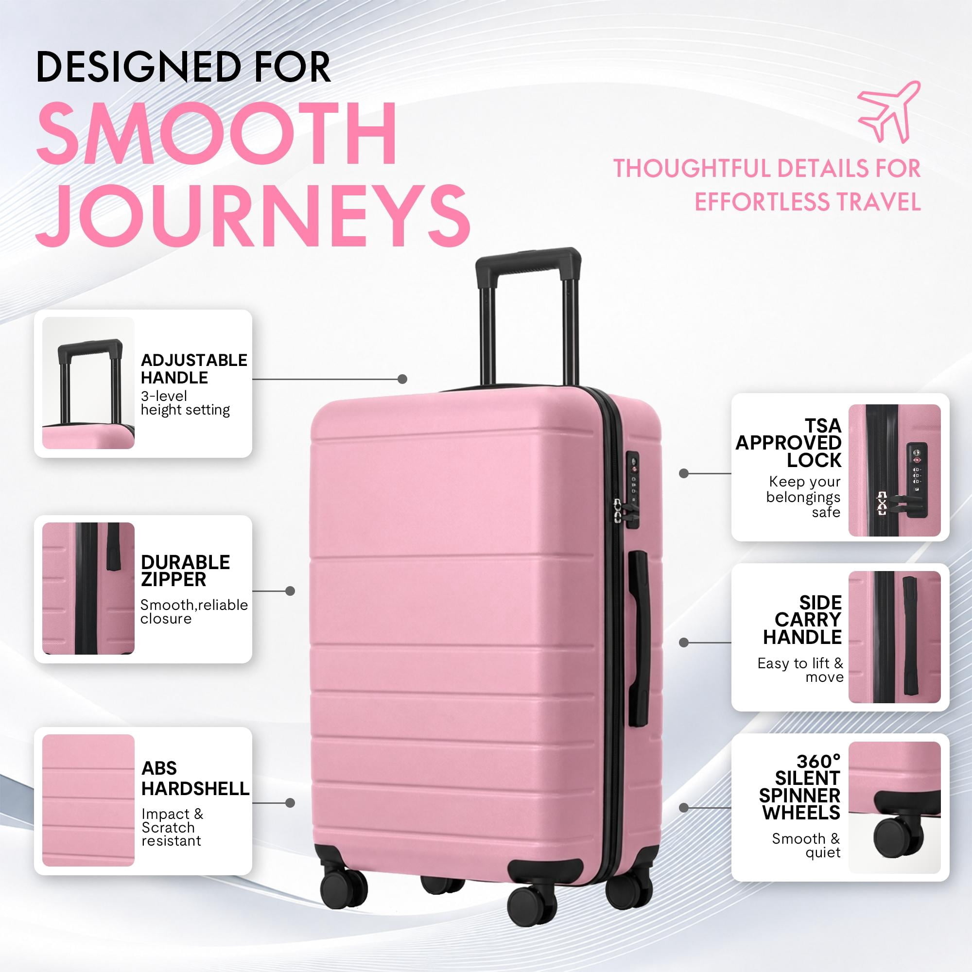 3-Piece ABS Hardshell Luggage Set, Lightweight Scratch-Resistant Suitcases with Silent Spinner Wheels & TSA Lock, Sakura Pink