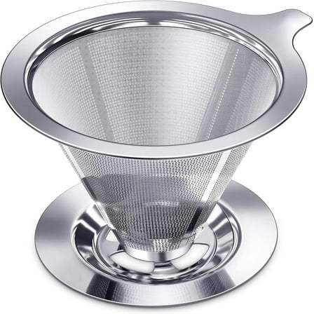 Pour Over Coffee Dripper, Slow Drip Paperless Coffee Filter, Stainless Steel Pour Over Coffee Maker for Single Cup Brew, Double Mesh Design of Manual Reusable Cone Filter.