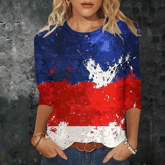 Gamivast Womens Graphic Tees American Flag Print Crewneck 3/4 Sleeve Summer Tops Casual Tops Abstract Star Sparkle 4th of July Outfits