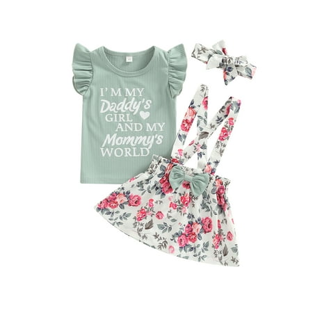 

Bagilaanoe 3pcs Toddler Baby Girls Mother s Day Father s Day Outfits Letter Print Fly Sleeve Tops+Floral Print Suspender Skirt+Headband