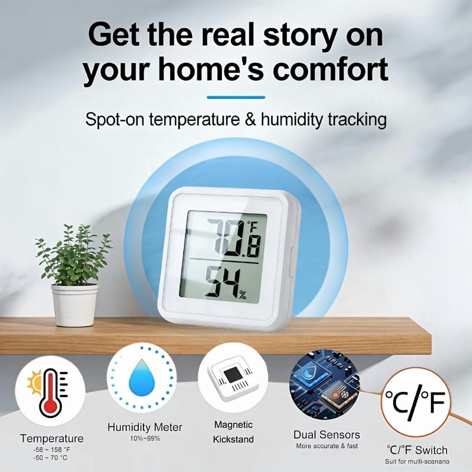 High Precision Digital Thermometer Hygrometer, 5S Fast Refresh, Magnetic Stand, Large Screen, °C/°F Switchable, Dual Display for Multi-Scene Use