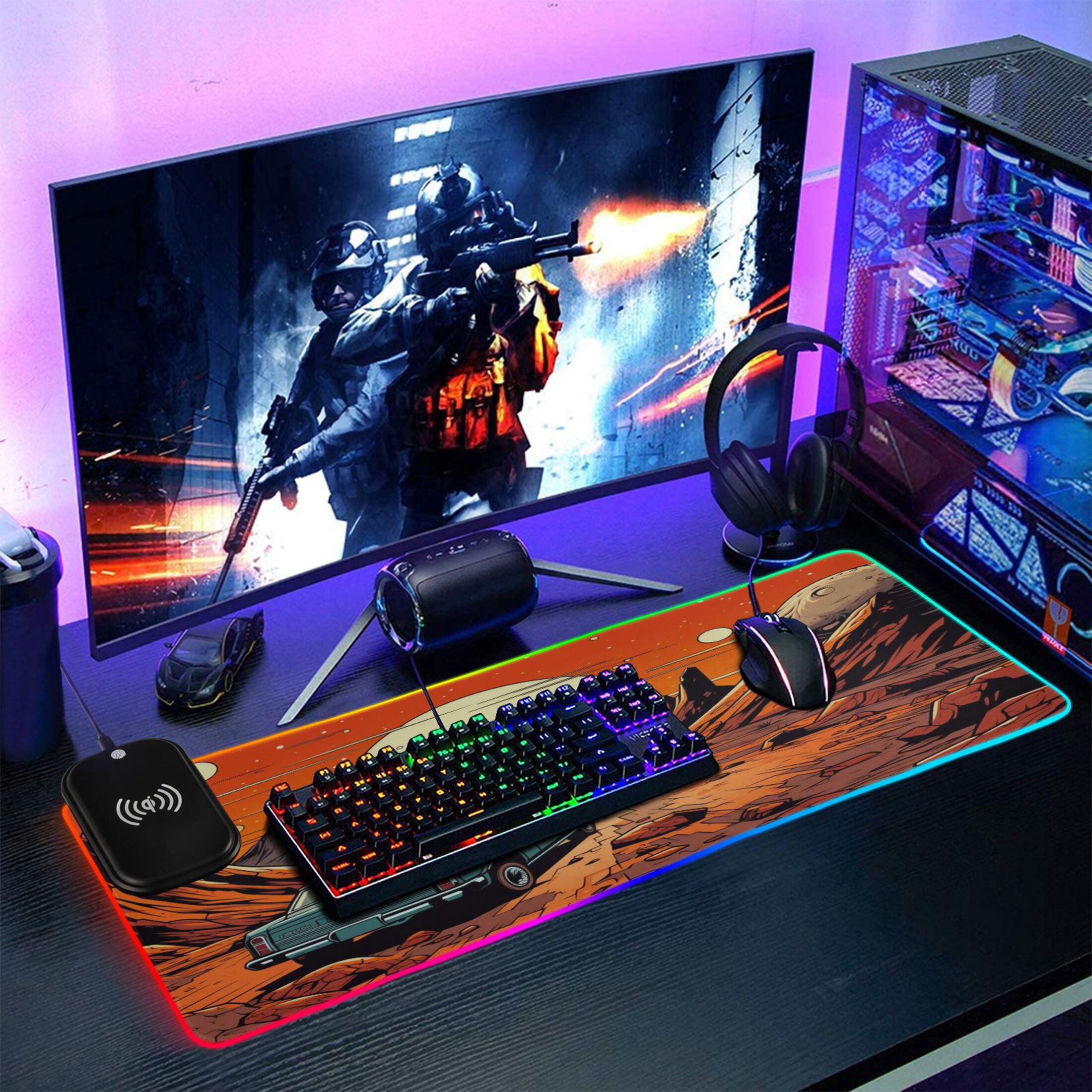 Wireless Charging Mouse Pad Large RGB Gaming Desk Mat 13 Light Modes Mousepad 31.5x11.8 Old Car and Sunset