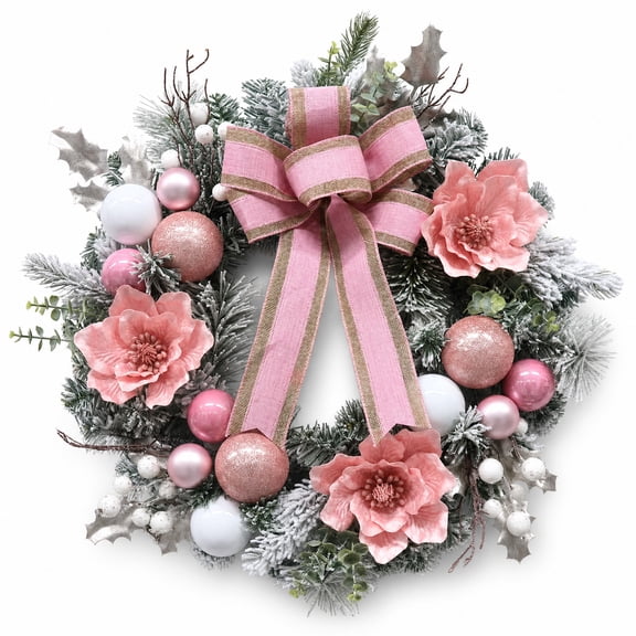 24" Pre-Lit Pink Magnolia Christmas Wreath with 20 LED Lights, 8 Modes & Timer – Battery Operated Artificial Holiday Decor for Door, Wall, Window, Mantel
