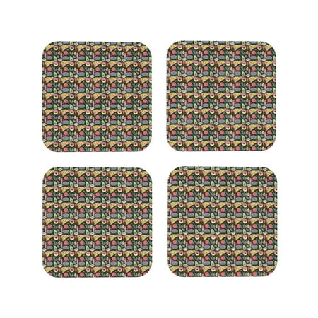 

Junzan Doodle Food Print Coasters for Drinks - Leather Coasters Set of 4 for Coffee Table for Housewarming/Kitchen/Bar/Decor-Square