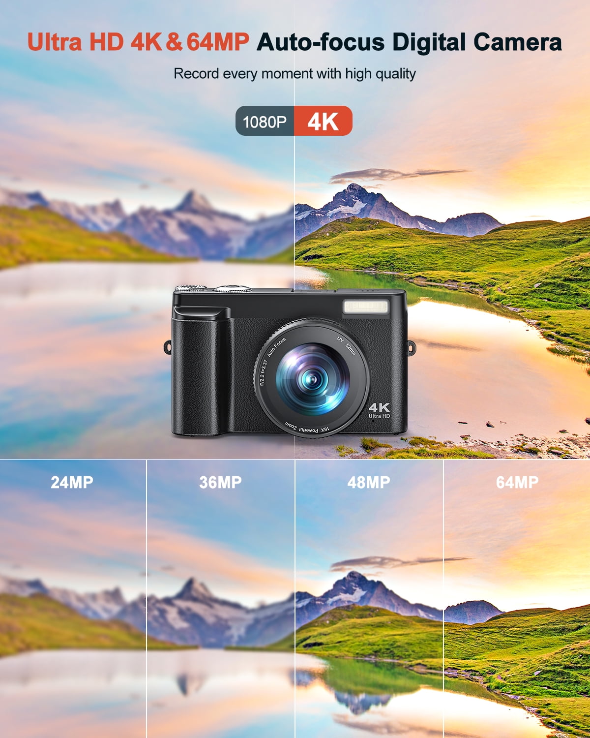 Zostuic 4K 48MP Vlogging Camera with 3" Flip Screen, 16X Zoom, WiFi - Includes 32GB SD Card & 2 Batteries - Compact for YouTube/Travel (Black)