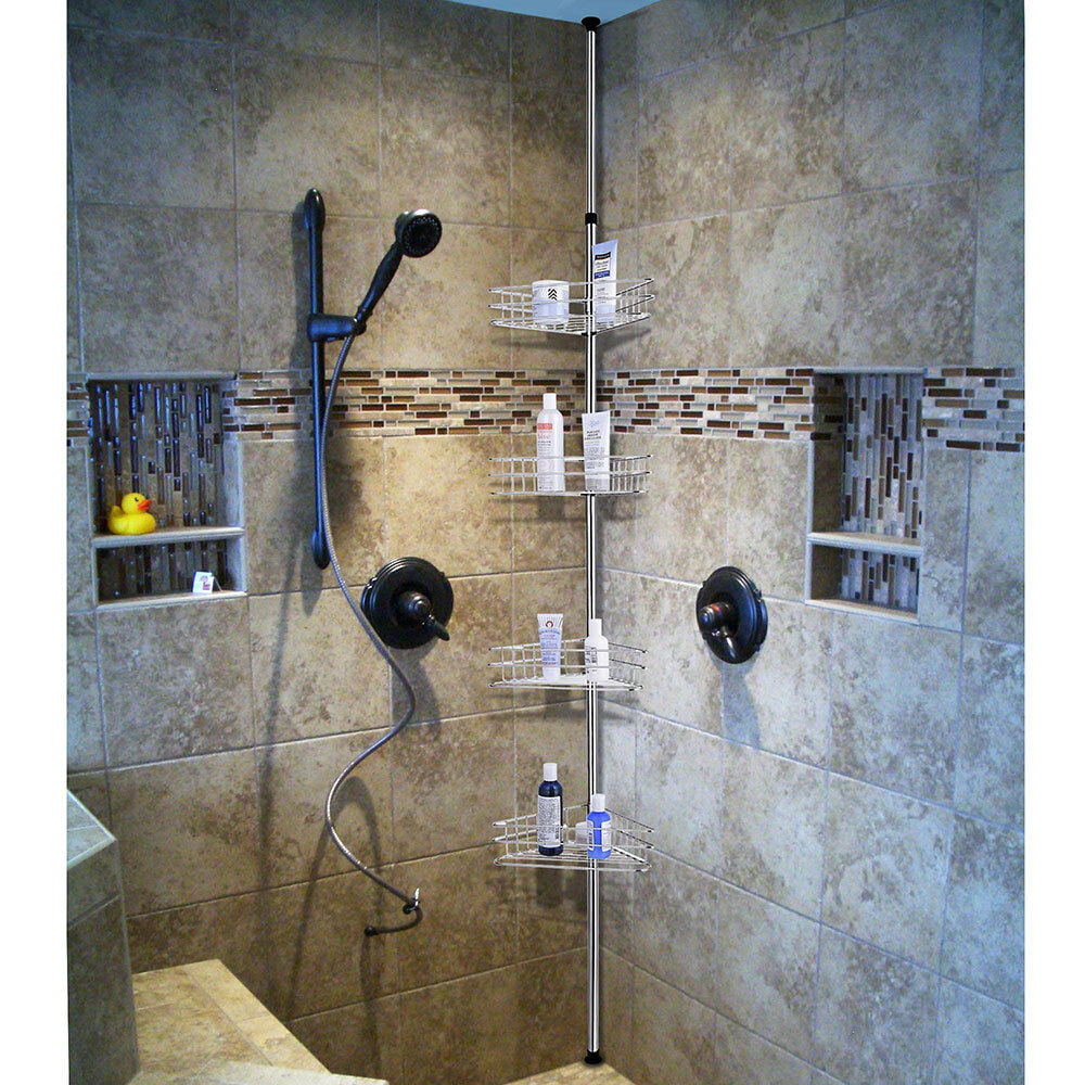 4 Tier Metal Shower Corner Pole Bathroom Wall Shelf Storage Rack Holder Indomite 