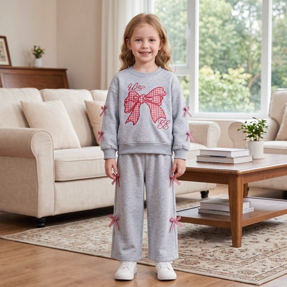 Angala 2 Piece Outfits For Girls Crew Neck Long Sleeve Bowknot Print Sweatshirt With Sweatpants Set Girls Fall Season Wear Clothes