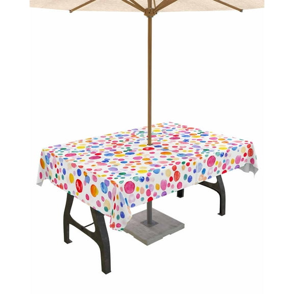 Fsddascl Colorful Polka Dot Outdoor Tablecloth - 60x102 Inch Rectangle Dining Table Cover, Rainbow Watercolor Polka Dots Waterproof Outdoor Table Cloth with Umbrella Hole & Zipper for Picnic/Patio