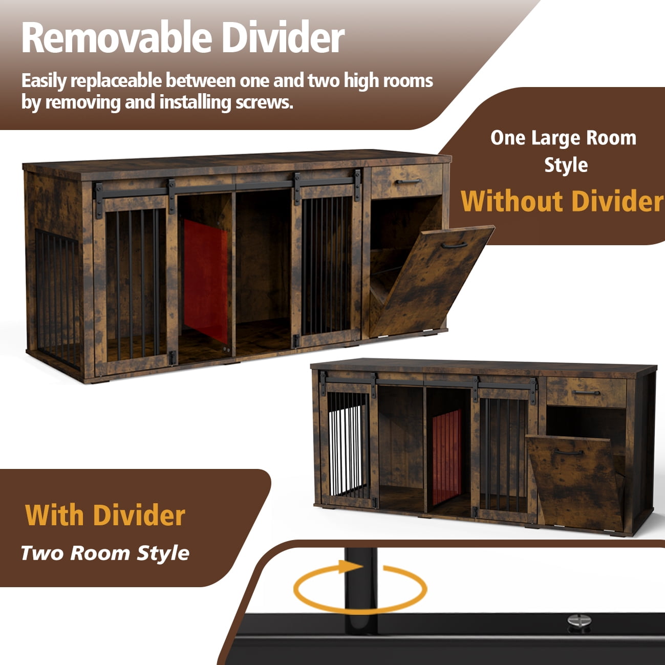 Multi- Functional Dog Crate Furniture for 2 Dogs with Divider and Sliding Doors, Large Dog Kennel with Storage Drawer and Tilt Out Trash Cabinet,Rustic Brown