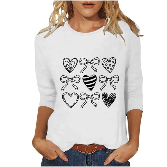 BLVB Womens 3/4 Sleeve Crew Neck Valentine T Shirts Heart Printed Graphic Basic Tee Tops Spring Fall Fashion Shirts
