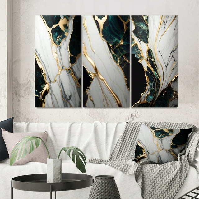 Designart "Gilded Green and Gold Geode Marble I" abstract marble Wall Art Set Of 3 - Modern Green Gallery Set For Office Decor