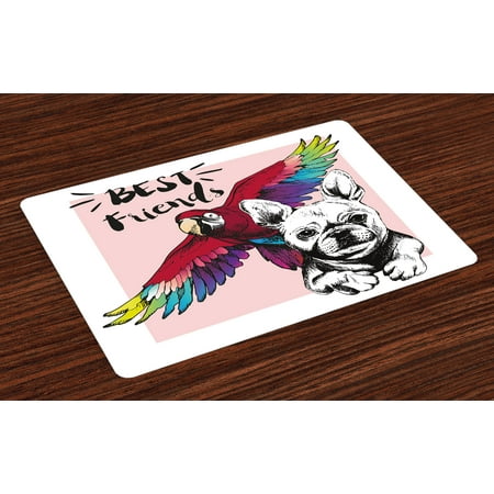 Modern Placemats Set of 4 French Bulldog and Tropical Parrot Figure with Best Friends Phrase Portrait Design, Washable Fabric Place Mats for Dining Room Kitchen Table Decor,Multicolor, by